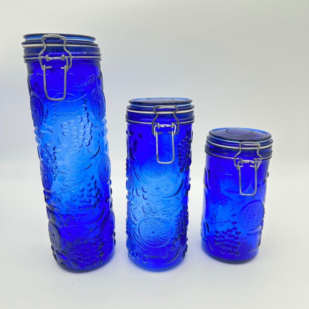 Vintage Cobalt Blue Glass Canister Set 3-Piece Embossed Fruit Airtight Jars